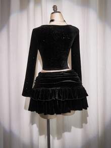 SHEIN ICON Plus Size High Waist Ruffle Hem Velvet Skirt - Black - View 9