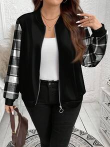 SHEIN Essnce Chaqueta de béisbol con cremallera, estilo universitario casual, de talla grande, con estampado de cuadros de retazos, adecuada para otoño/invierno - Multicolor - Ver 4