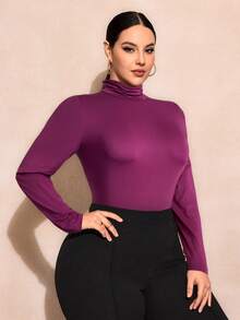 SHEIN SXY 大码纯色修身高领长袖百搭T恤基本款T恤 - 中紫紅色 - 查看 7