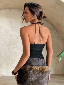 Aloruh Top scurt sexy pentru femei, stil boem, cu imprimeu vintage din piele PU spălată, curea, pentru femei, cu guler halter, negru, top sexy