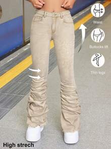 SHEIN Tween Girls Fashion Casual Y2k Vintage Cool Street Returns To School College Crinkled Cuffs Khaki Denim Stretch Skinny Jeans For Tween Girl Clothes Tween Girls Soft Dailywear And Tween Girl Winter And Fall Rave Outfits Festival And Outfits Streetwear Clothes Khaki Jeans For Girls Bell Bottom Pants Girls - Khaki - View 4