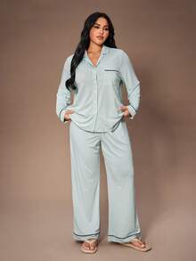 Lazeform Ensemble de pyjama grande taille doux et agréable à la peau, en tricot côtelé, style décontracté à la française, confortable. Vêtements d'automne et d'hiver - Vert menthe - Voir 6