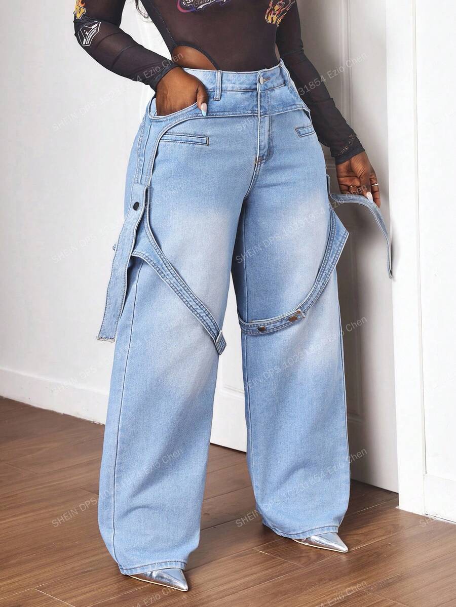 Slaydiva Plus Size Women Pockets Wide Leg Loose Casual Versatile Jeans,Fall Clothes For Women - Blue - View 1
