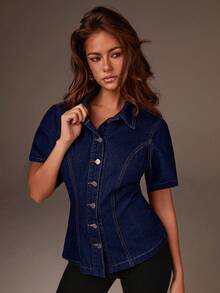 Athîral Women's Casual Washed Denim Short Sleeve Blouse