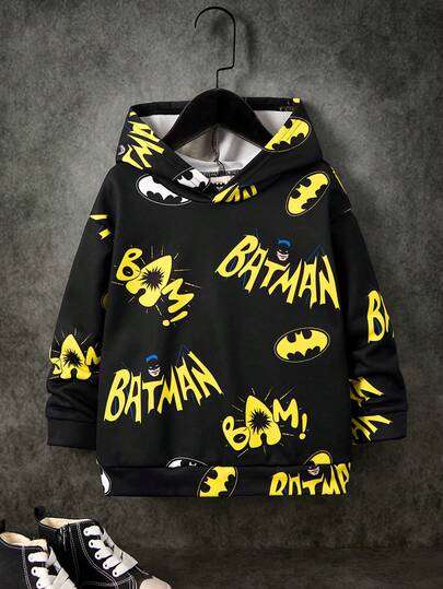 BATMAN X SHEIN 年轻男孩休闲字母印花宽松落肩针织黑色连帽卫衣