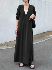 FRIFUL 女式宽松深 V 领落肩长袖开衩休闲长裙，灰色，秋季 - 黑色 - 查看 2