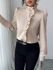 Modelyn Ruffle Trim Puff Sleeve Blouse Women Shirt - Apricot - View 6