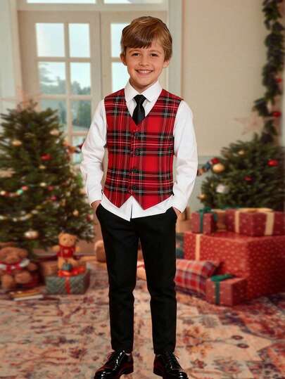 SHEIN Conjunto de 2 peças de traje masculino pré-adolescente - colete sem mangas + calça, traje formal elegante para festa de aniversário, casamento, formatura, volta às aulas