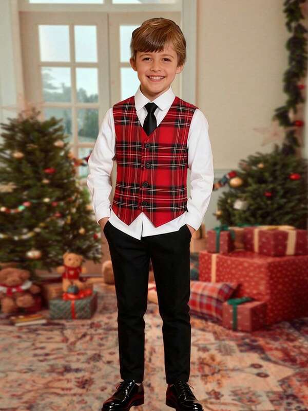 SHEIN 2 Stücke Anzug für Tween Jungen - Ärmellose Weste + Hose, elegante Festkleidung für Geburtstag, Hochzeit, Jahrestag, Abschluss, Schulanfang