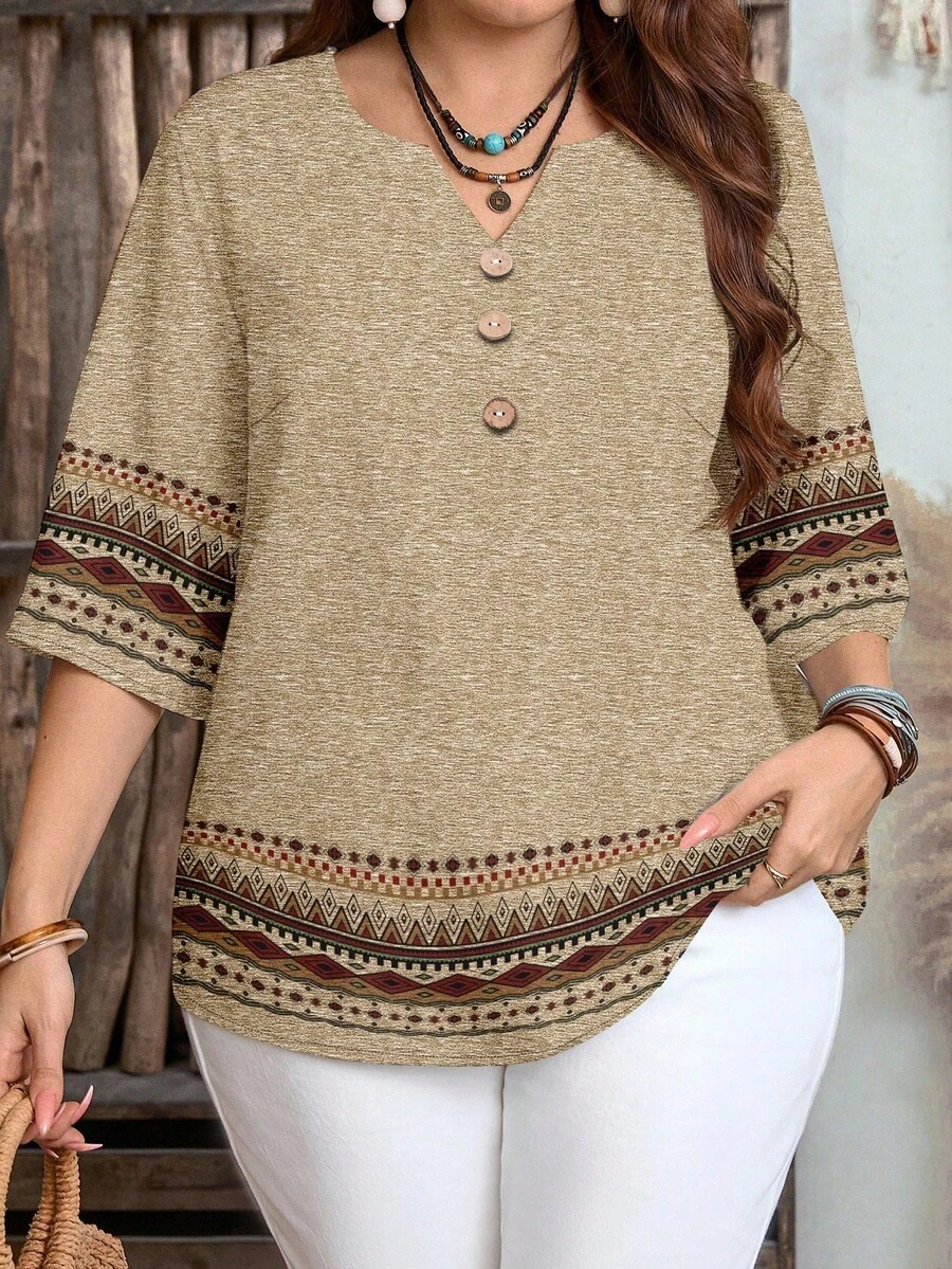 Mellowie Plus Size Women Casual Geometric Print 3/4 Sleeve Loose Blouse, Suitable For Summer Earthy Clothes Women Brown Blouses For Women Tunic Tops For Women Earthy Tops Boho Tops For Women