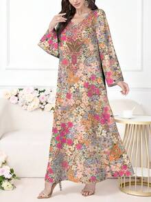 Al Najma 女士优雅花卉植物印花 V 领长袖连衣裙，时尚优雅，适合春秋季节 - 彩色 - 查看 3