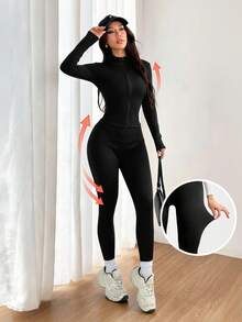 SHEIN PETITE 女式纯色长袖拉链领修身上衣和紧身裤休闲两件套 - 黑色 - 查看 8