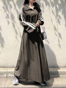 FRIFUL 女式 Polo 领休闲侧条纹宽松长款运动连衣裙