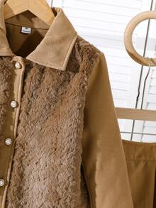 Elladie kids Tween Girls Elegant Fluffy Decor Long Sleeve Overcoat Paired With Pleated Skirt Outfit - Khaki - View 6