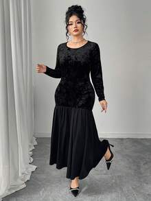 Modelyn Luxury Elegant Plus Size Women's Dress, Black Long Sleeve Round Neck, Velvet Embossed Pleated Patchwork Ruffle Hem, Minimalist Fashionable Socialite Style - Black - View 4
