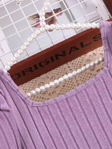 2pcs/Set Girls Elegant Beaded Knit Ribbed Fluffy Puff Sleeve Top And Simple Knit Pants Casual Outfit, Autumn/Winter - Mauve Purple - View 4