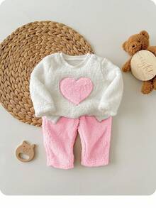 2-Pack Newborn Casual Simple Cute Grab Double-Faced Velvet Material With Heart Pattern Round Neck Sweatshirt And Trousers Set Suitable For New Born Newborn Clothes Birthday Party, Evening Party, Performance, Wedding, Baptism, Opening Ceremony Suitable For Daily Use Suitable For Home Suitable For Travel Suitable For Autumn And Winter Seasons - Baby Pink - View 7