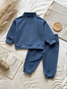 Vintaside Kids Baby Jungen Säugling/Kleinkind Jungen Herbst/Winter Stehkragen Langarm modisches hochwertiges Hemd kombiniert mit vielseitigen Freizeithosen Set, geeignet für Zuhause Lässig, leichte Outdoor-Aktivitäten, Familienfeiern - Blau - Übersicht 2