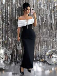 Rafferiza Elegantes Partykleid für Damen in Schwarz & Weiß und Einsätzen, Off-Shoulder - Schwarz und Weiss - Übersicht 3
