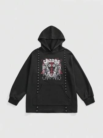 Goth Sudadera con capucha negra de estilo gótico punk plus size con estampado, cordones y ojales, sudadera negra gótica casual plus size, sudadera suelta plus size de estilo gótico punk para mujer