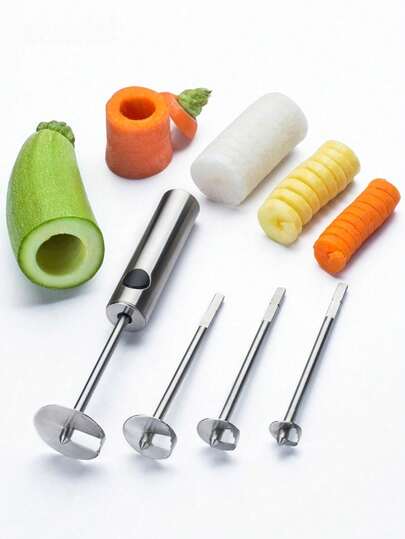 Zazumi 1套不銹鋼蔬菜鑽,水果挖芯器和蔬菜螺旋切片器,符合人體工程學設計的手柄,附有4種大小的鑽頭,可挖空西葫蘆,馬鈴薯,胡蘿蔔,蘋果等食材
