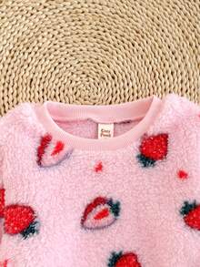 2pcs/Set Young Girl Fruit Pattern Fleece Crew Neck Long Sleeve Sweatshirt And Elastic Waist Flared Pants Set - Baby Pink - View 4