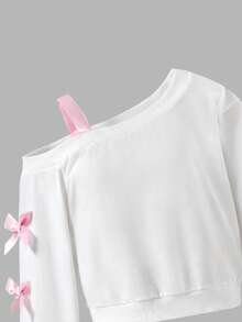 SHEIN Explorewe Áo nỉ dài tay thời trang đính nơ cho bé gái tuổi teen, mùa thu - trắng - Xem 3