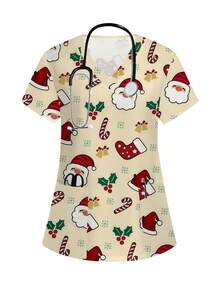 PopScrub Christmas Cartoon Print Scrub Uniform Top - Multicolor - View 1