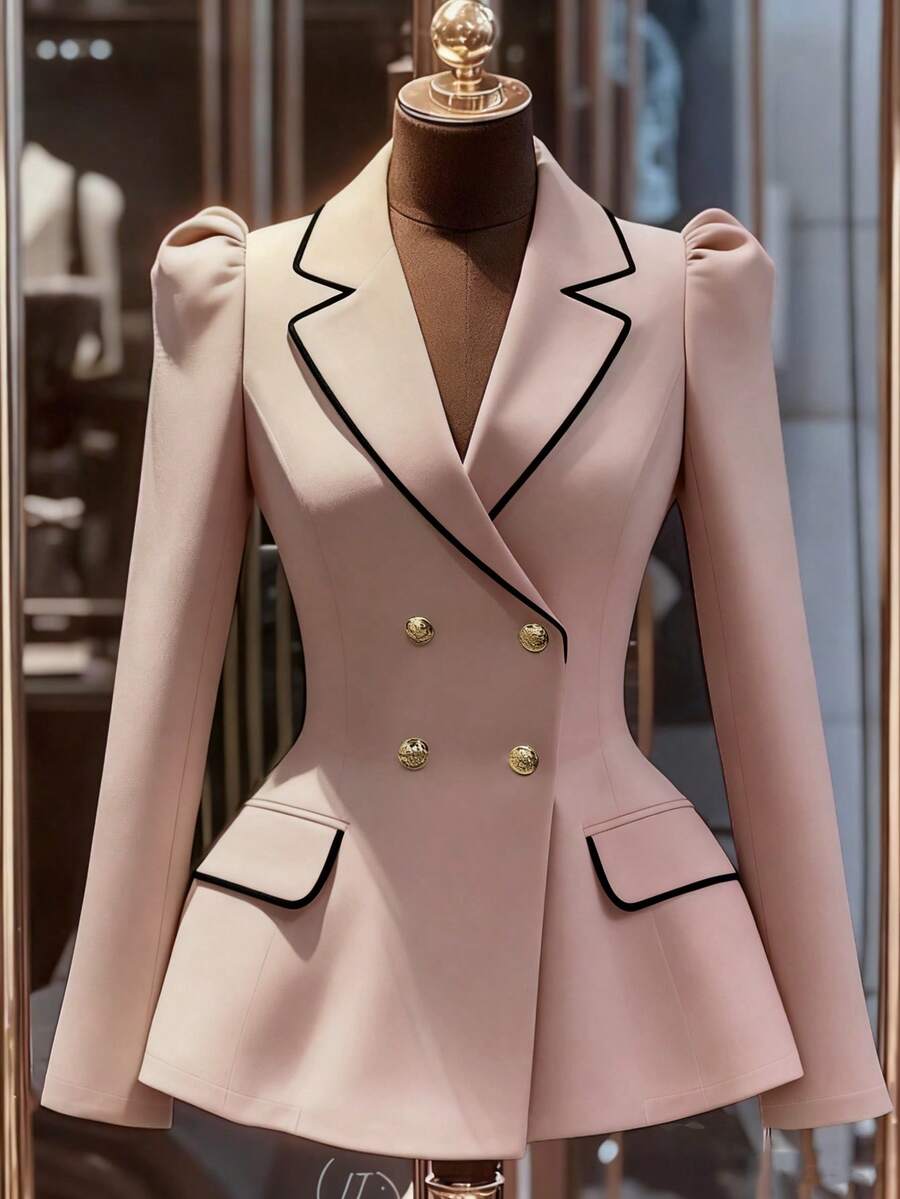 Franclia Áo khoác Blazer nữ màu kaki viền đen tương phản, thắt eo hai hàng khuy kim loại thời trang đi làm, trang phục ngoài thanh lịch cho mùa xuân/thu, trang phục công sở thường ngày cho nữ, áo khoác vest nữ đẹp - Bụi hồng - Xem 1