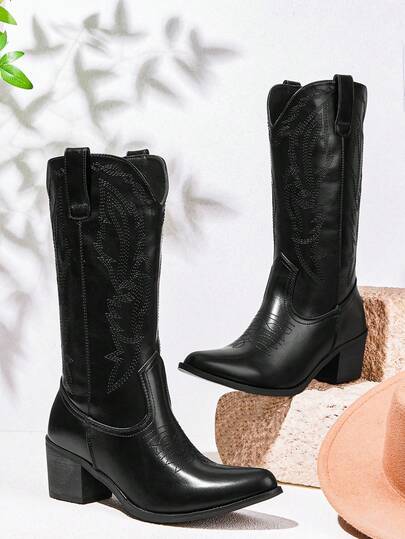 Styleloop Botas occidentales de tacón grueso con bordado vintage para mujer, adecuadas para Navidad, Halloween, festivales de música, estilo bohemio de otoño