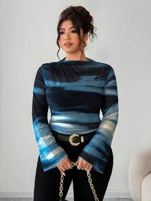 Elenzga 大码女式复古优雅修身褶皱渐变印花网眼弹力长袖打底 T 恤衬衫上衣，女士春秋服装 - 彩色 - 查看 5