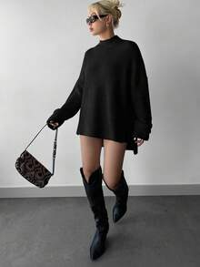 EURMUSE 女士时尚纯色休闲宽松长袖毛衣 - 黑色 - 查看 1