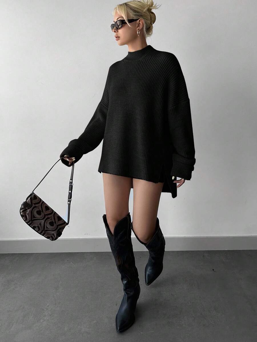 EURMUSE 女士时尚纯色休闲宽松长袖毛衣 - 黑色 - 查看 1