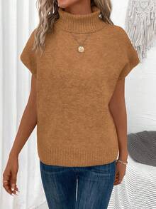 SHEIN LUNE Women's Casual Solid Color Turtleneck Knit Sweater, Autumn/Winter - Chocolate Brown - View 4