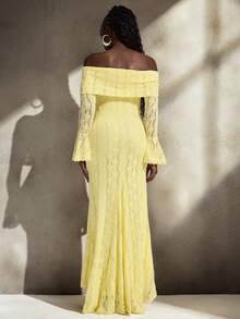 Cheriluna Maternity 优雅露肩白色蕾丝长袖美人鱼长裙，适合婚礼、派对、孕妇写真、婴儿洗礼 - 黃色 - 查看 2