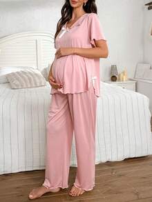 Moonlight&Mama Romantic Solid Color Comfortable Milk Silk Bow Maternity Pajama Set - Dusty Pink - View 3