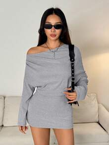 SHEIN PETITE Đầm ôm sát tay dài trễ vai bằng cashmere mới cho mùa xuân hè dành cho nữ, phong cách Y2K, thời trang đường phố. - Xám - Xem 2
