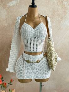 Soleia 休闲度假西部海滩婚礼宾客服装、毕业早午餐、圣帕特里克节春假复活节音乐节、优雅波西米亚热带纹理露背女士两件套针织套装 - 白色 - 查看 1