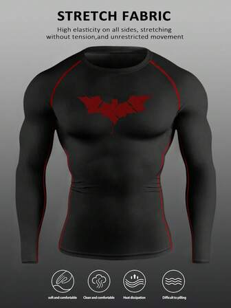 Manfinity Sport PWRUP Camiseta deportiva de manga larga con cuello redondo y estampado de murciélago para hombres