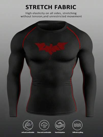 Manfinity Sport PWRUP Men's Bat Print Round Neck Raglan Long Sleeve Sports T-Shirt