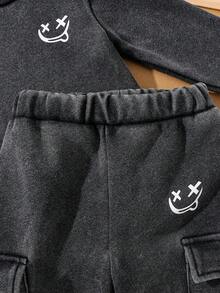 SHEIN Playful Pals Baby Boys & Girls Street-Style Washed Vintage Round Neck Sweatshirt And Pocket Cargo Sweatpants Set, Fashion Outfit Suitable For Spring/Autumn Outings, Photo Shoots, And Gatherings Baby Boy Two Piece Set Newborn Baby Boy - Black - View 6