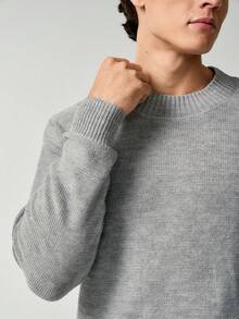 RONVEXI 男士休闲日常通勤简约纯色毛衣，秋冬季长袖上衣 - 灰色 - 查看 2