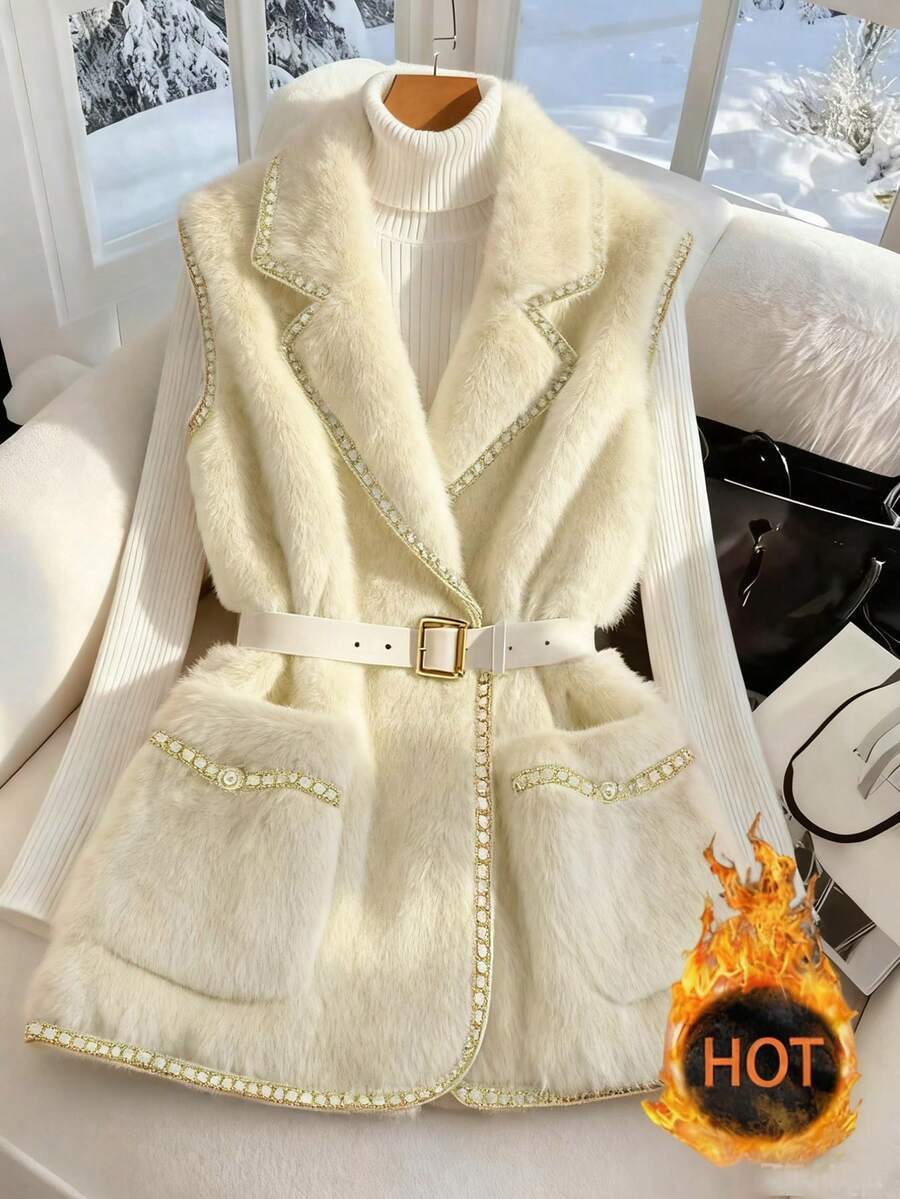 Franclia 新款秋冬时尚女士仿皮草背心 - 杏色 - 查看 1