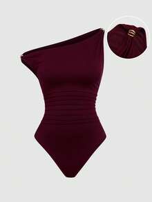 Sweetra 大码女式纯色不对称肩部休闲紧身衣，带金属装饰和褶边，修身紧身衣