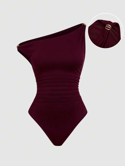 Sweetra Mono informal de mujer talla grande de unicolor con hombro asimétrico, decoración metálica y volantes, mono ajustado