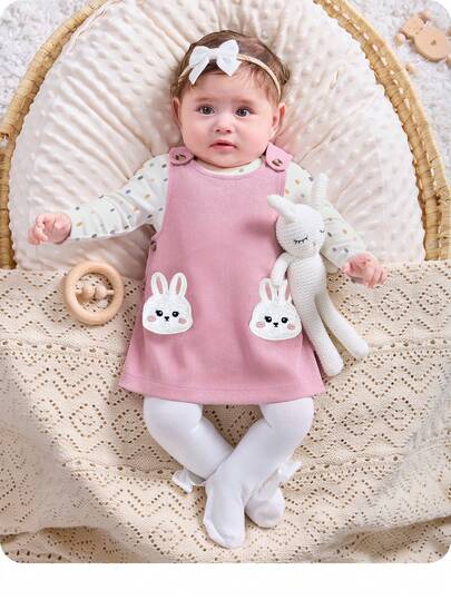 SHEIN 新生女婴可爱卡通图案针织长袖上衣和连衣裙套装，适合秋冬