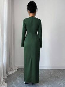 Elenzga Women's Elegant Solid Color V-Neck Metal Decor Ruched Fitted Split Hem Maxi Dress, Spring/Autumn - Dark Green - View 2