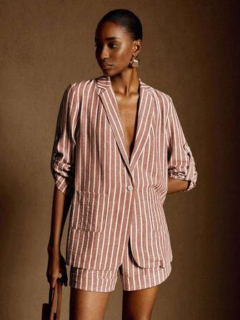 Écloséra French Retro Minimalist Commuter Casual Comfortable Linen Striped Notched Collar Single-Breasted Rolled Sleeve Women Blazer