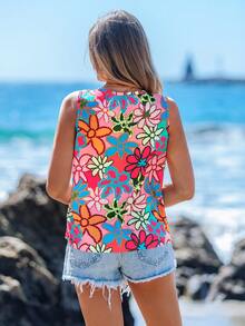 Sylviya 女性休閒簡約花朵V領上衣，適合夏天穿著 - 彩色 - 查看 2