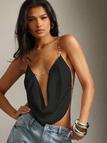 Denimoi Women's Chain Decor Plunging Neck Sexy Fashion Camisole Top - Black - View 4